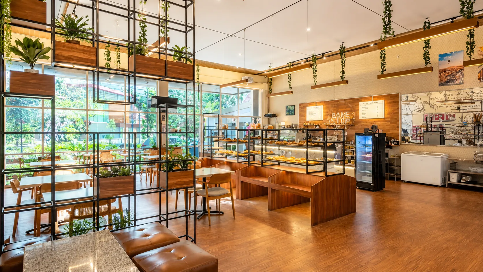 BakeUp bakery and cafe interior in Semarang with fresh pastries and warm wooden seating
